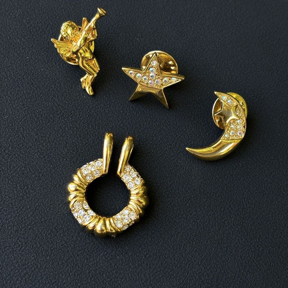 Lot of 4 KIRKS FOLLY gold tone Crescent moon & Star Cherub Pin & Pendant